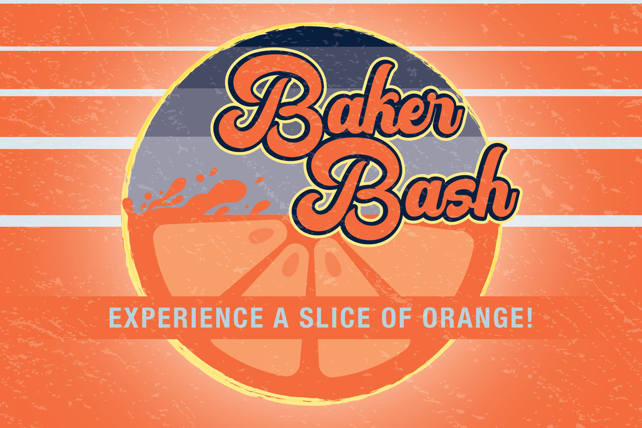 Baker Bash logo. Experience a slice of orange