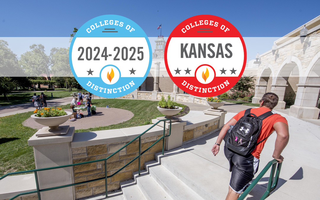 Photo of campus with the Colleges of Distinction badge and Kansas badge