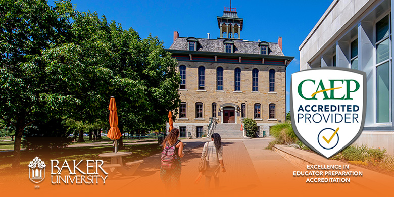 Two students walking in front of Parmenter hall and CAEP logo.