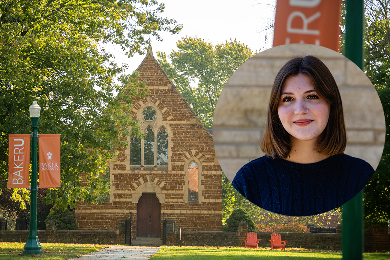 photo of female student on photo of Osborne Chapel in summer.